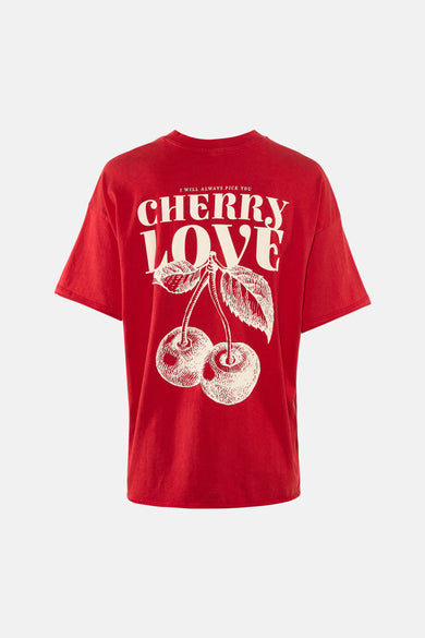 Rood T-shirt met korte mouwen van ONLY, met een witte "Cherry Love" print en kersendetails.