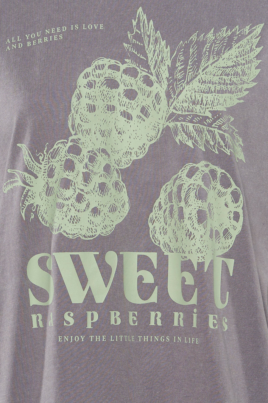 T-shirt gris à manches courtes de ONLY, avec imprimé graphique de framboises et le texte "Sweet Raspberries".