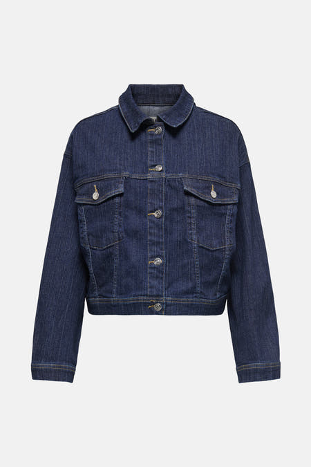 Donkerblauw denim jeansjas van ONLY, met zilverkleurige knopen en borstzakken.