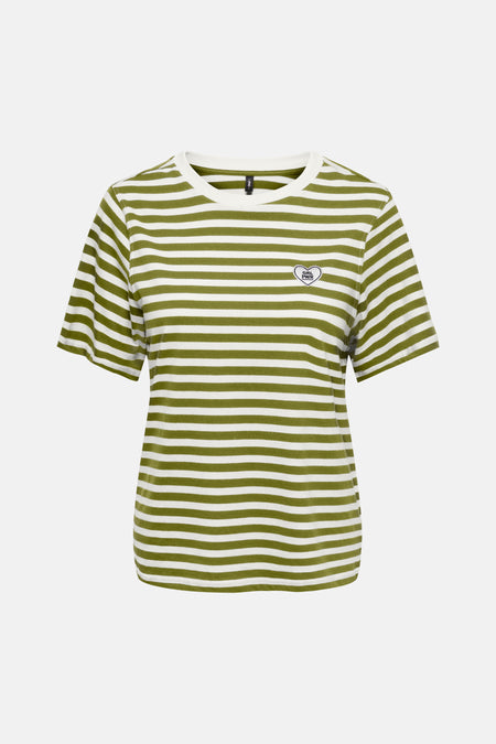 Groene gestreepte korte mouw T-shirt van ONLY® met witte strepen en hart-logo op borst, front view