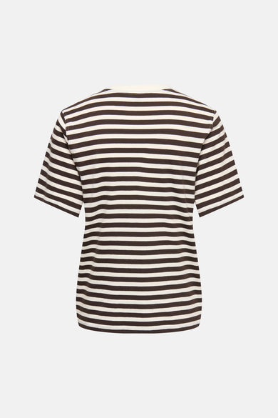 Bruine gestreepte korte mouwen T-shirt van ONLY®, achterkant met witte en bruine horizontale strepen, comfortabele pasvorm