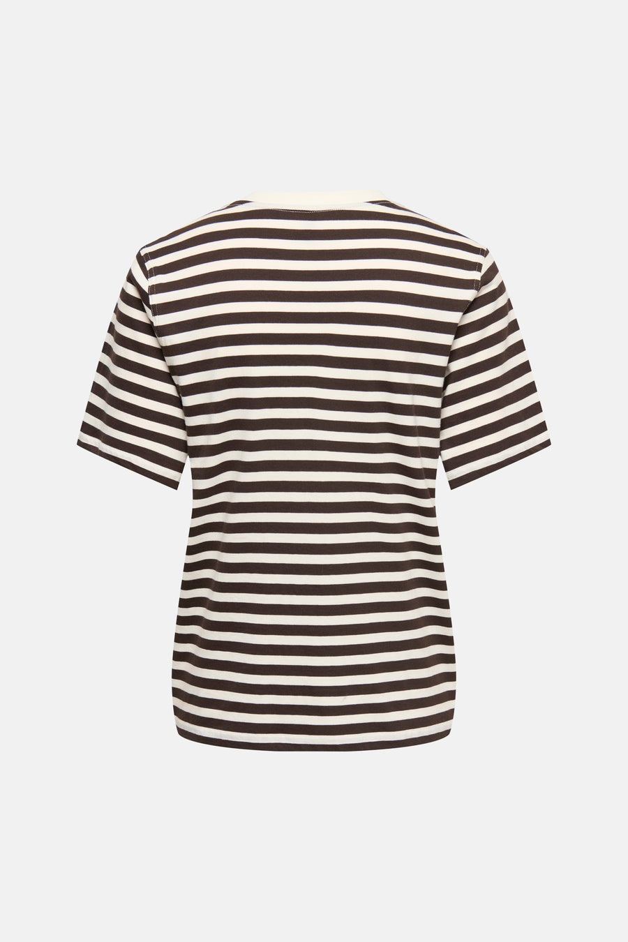 Bruine gestreepte korte mouwen T-shirt van ONLY®, achterkant met witte en bruine horizontale strepen, comfortabele pasvorm