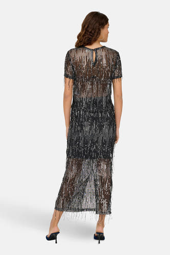 Blouse noire à manches courtes de ONLY, avec des paillettes argentées dans un motif rayé.
