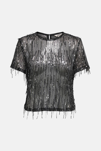 Blouse noire à manches courtes de ONLY, avec des paillettes verticales et des franges.