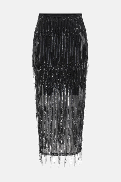 Robe longue noire ONLY, détaillée avec des paillettes et des franges.