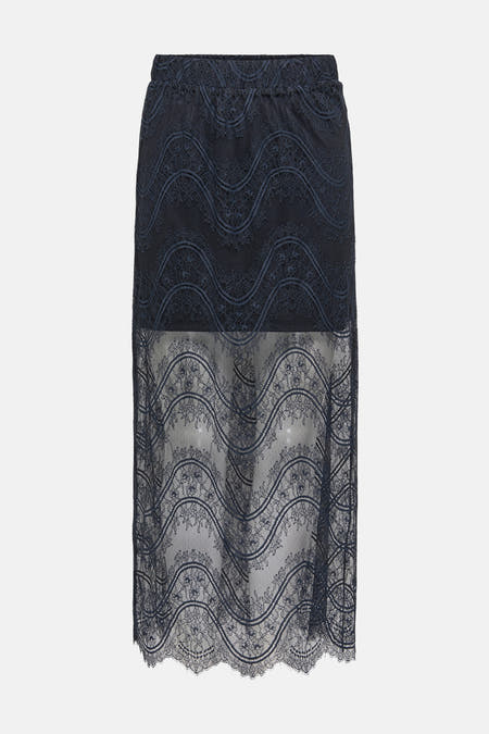 Lange donkerblauwe rok van JDY met kanten details en een golvend patroon.