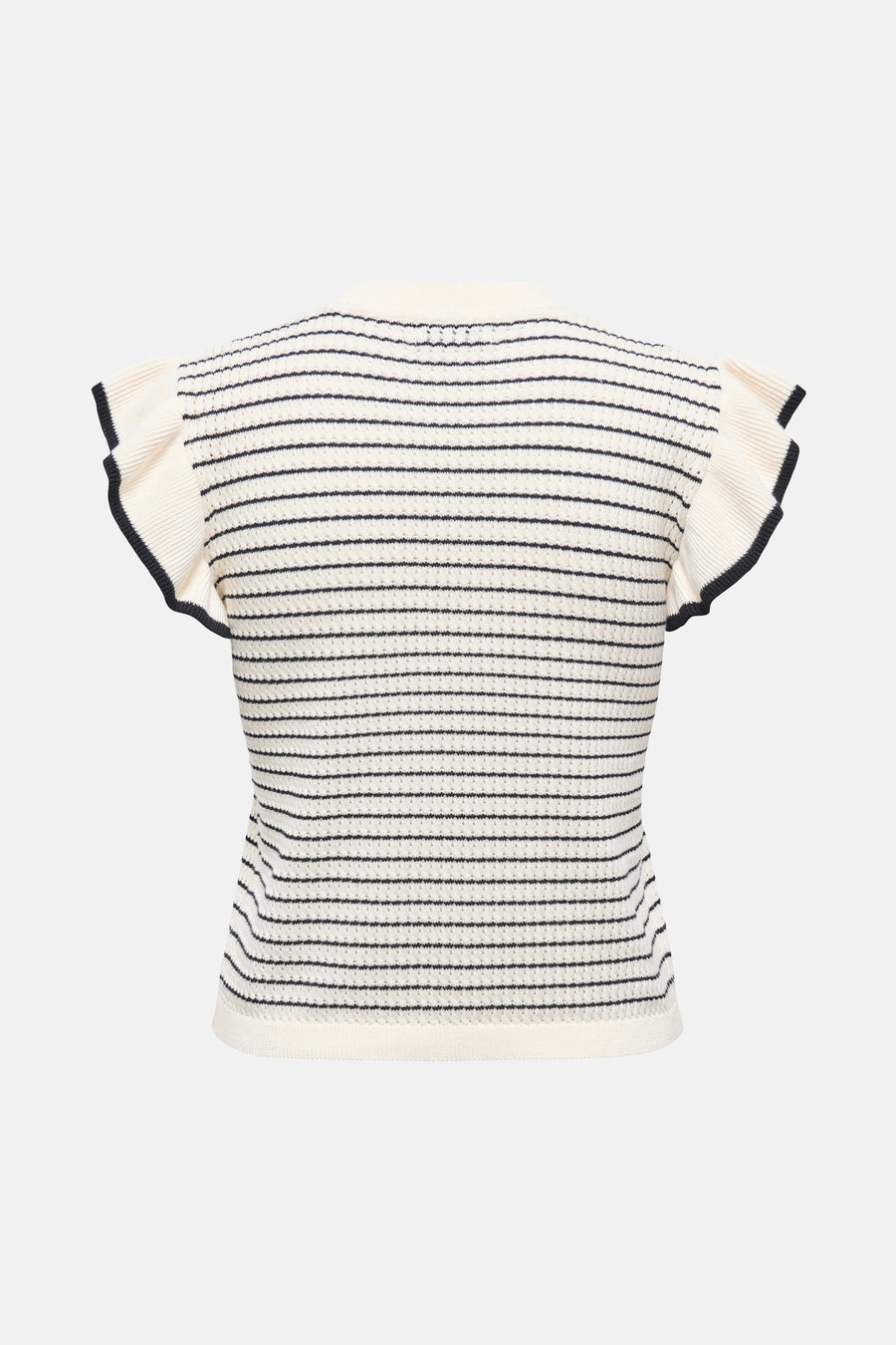 Witte pull van JDY, met gestreepte textuur en korte, geplooide mouwen.
