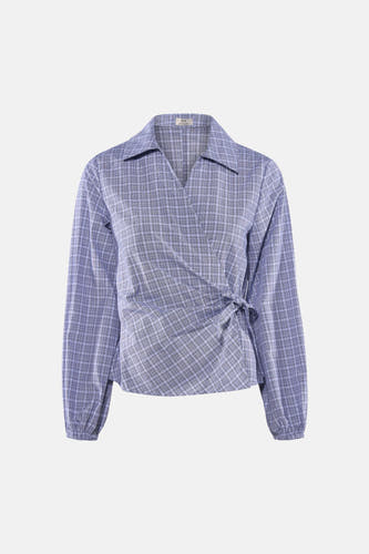 Blauw, chemise à manches longues à carreaux de JDY, avec une ceinture nouée.