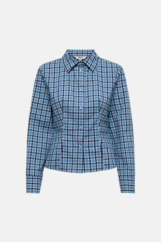Chemise bleue à manches longues ONLY, avec un imprimé à carreaux et une fermeture boutonnée.