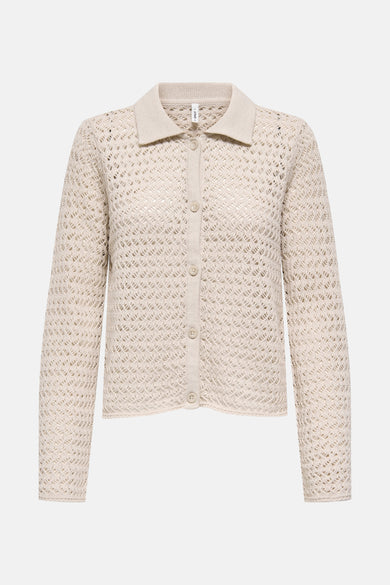 Beige cardigan van ONLY met ajourpatroon en knoopsluiting.
