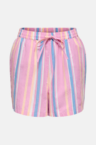 Multikleurige short van ONLY met gestreept patroon en roze strikceintuur.