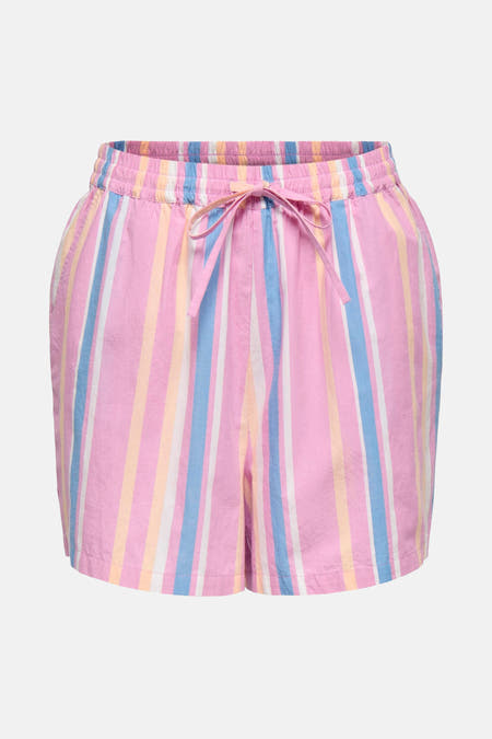 Multikleurige short van ONLY met gestreept patroon en roze strikceintuur.