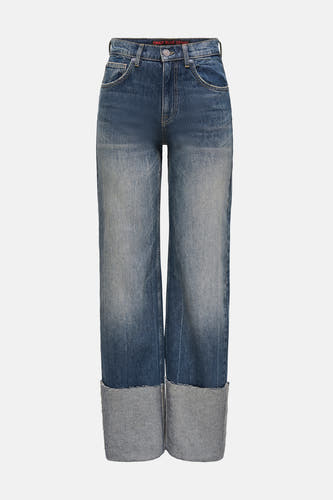 Wijde jeans van blauw denim van ONLY, met omgeslagen pijpen en een vintage wassing.
