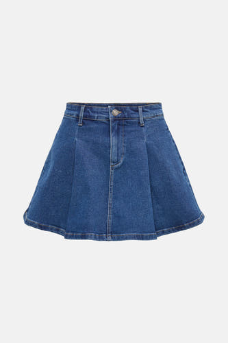 Short blue denim skirt from ONLY, seen from behind.