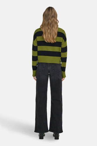 T-shirt vert avec des rayures ONLY®, porté avec un jeans noir et des chaussures noires, dos.