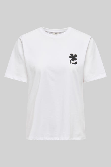Wit T-shirt met korte mouwen van JDY, met een klein zwart klaverblad motief.
