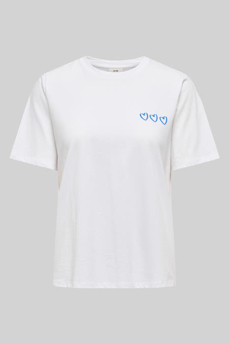 Wit T-shirt met korte mouwen van JDY, versierd met drie blauwe hartjes op de borst.