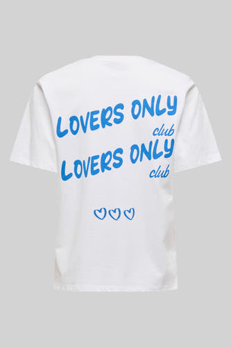 Wit T-shirt met korte mouwen van JDY, met blauwe "Lovers Only club" print op de achterkant en hartjes.
