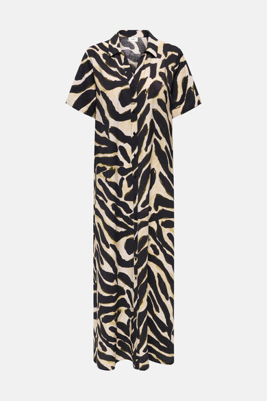 Robe noire à manches courtes de JDY, avec un imprimé zèbre et une fermeture à boutons devant.