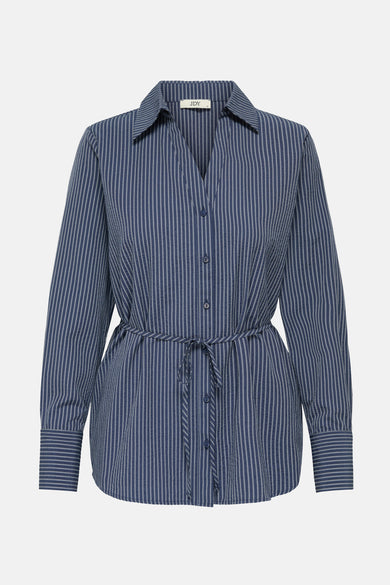 Blauw, gestreept hemd met lange mouwen van JDY, met een strikceintuur in de taille.