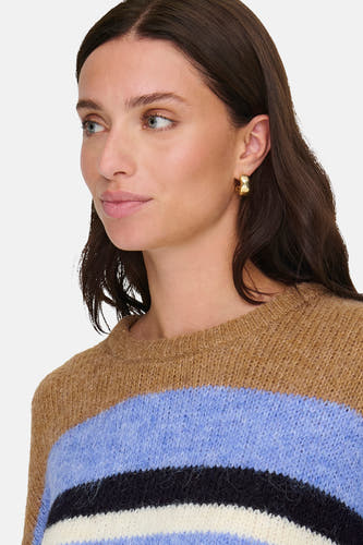 Multikleurige trui met ronde hals van ONLY, met horizontale strepen in bruin, blauw, zwart en wit.
