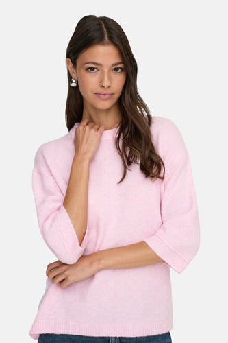 Roze trui met ronde hals van JDY, met driekwart mouwen en een effen patroon.