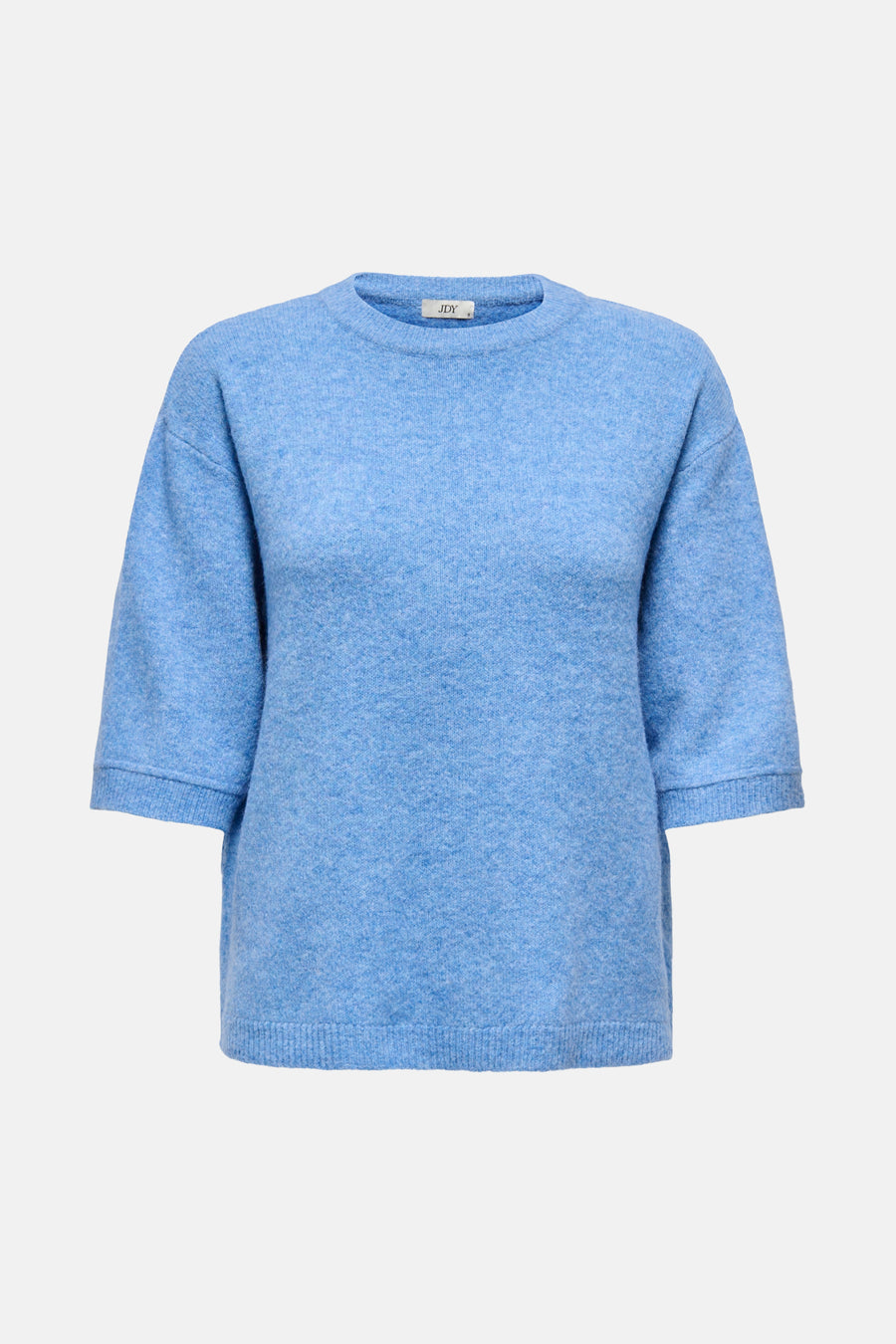 Blauw gebreide trui met ronde hals van JDY, met korte mouwen en een zachte textuur.
