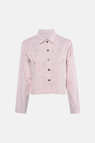 Veste courte rose de ONLY, avec détails brodés sur le devant et boutons argentés.