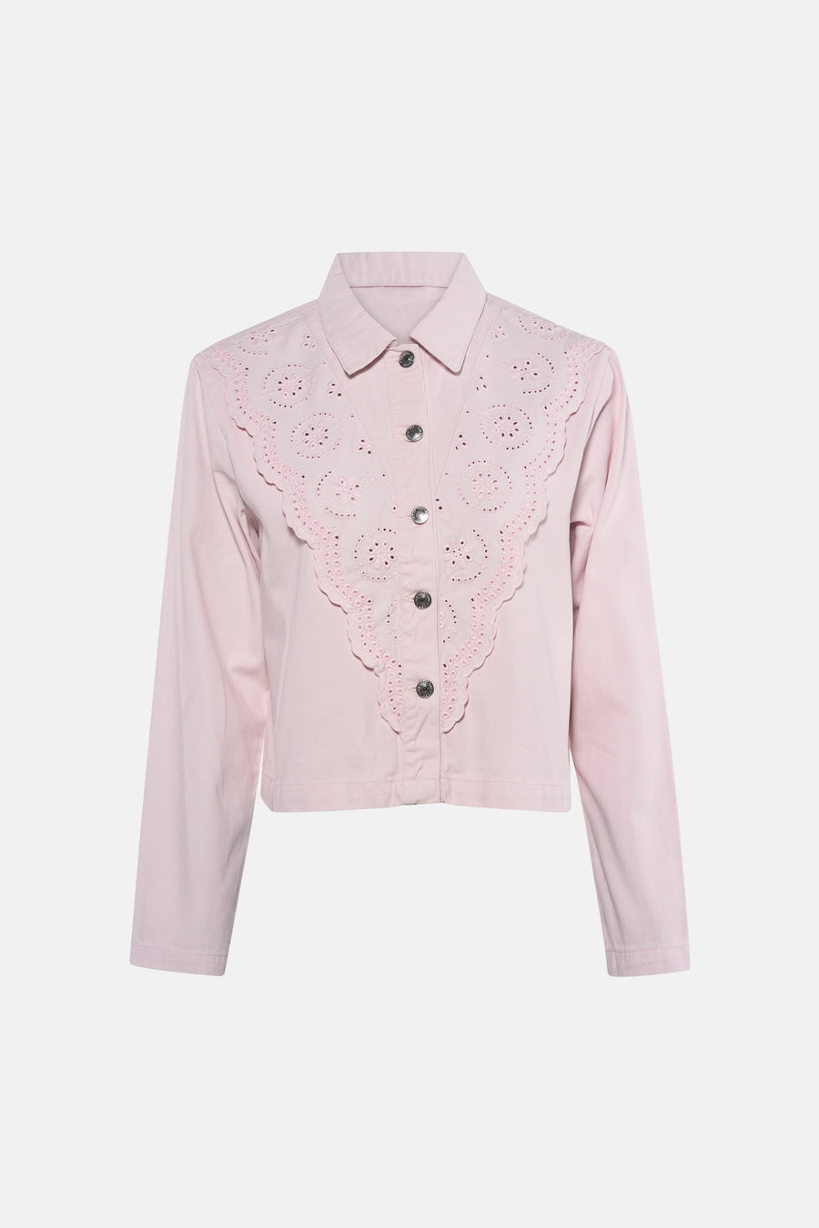 Veste courte rose de ONLY, avec détails brodés sur le devant et boutons argentés.