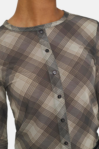Bruin, doorschijnend shirt met lange mouwen van ONLY, voorzien van een geruit patroon en knoopsluiting.
