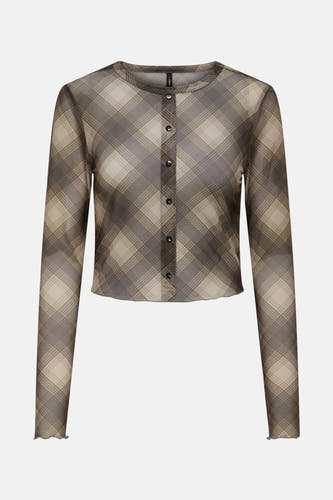 Bruin T-shirt met lange mouwen van ONLY met een ruitpatroon en knoopsluiting.