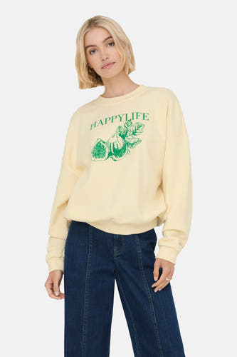 Gilet écru de ONLY, avec une impression 'Happy Life' verte et des figues représentées.