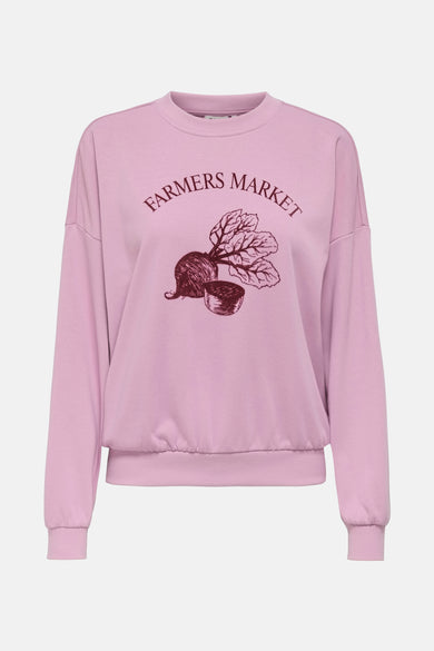 Gilet rose de ONLY avec un imprimé "Farmers Market" et un dessin d'une betterave.