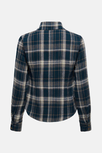 Blauw overhemd met lange mouwen van JDY, geruit met beige accenten, vanuit de achterkant gezien.