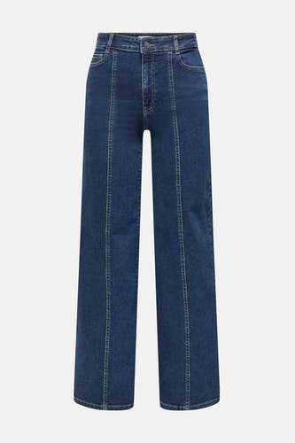 Jean droit bleu marine de JDY, avec des poches arrière et un petit détail logo sur la ceinture.