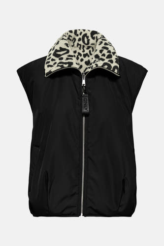 Zwarte bodywarmer van ONLY met een kraag van luipaardbont en een zilveren ritssluiting.