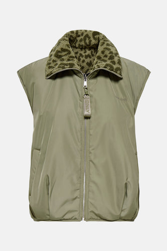 Olijfgroen bodywarmer vest met dierenprint kraag.