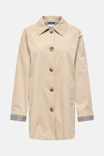 Beige lange jas van ONLY, met knoopsluiting en manchetten met ruitpatroon.
