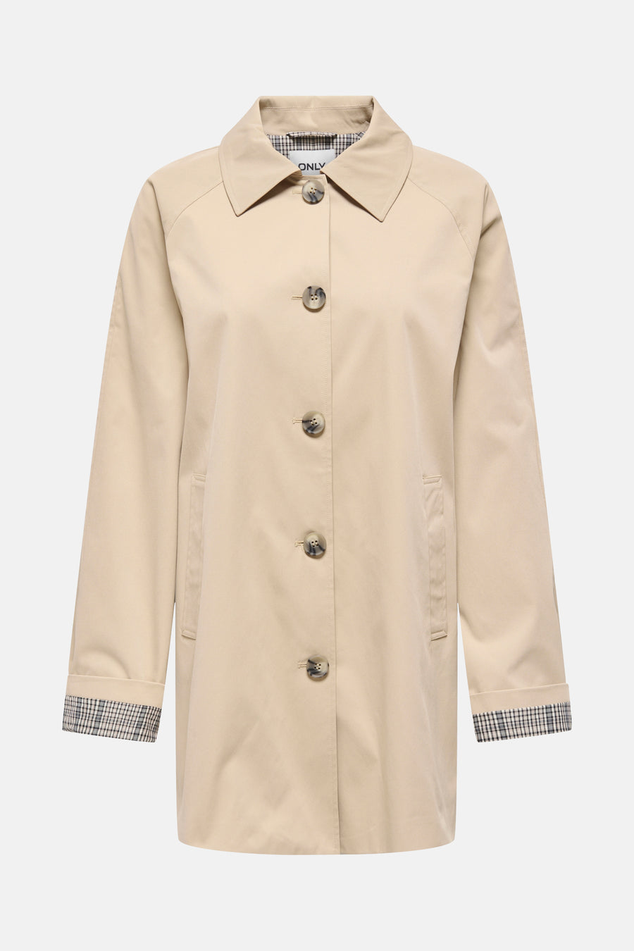 Beige lange jas van ONLY, met knoopsluiting en manchetten met ruitpatroon.