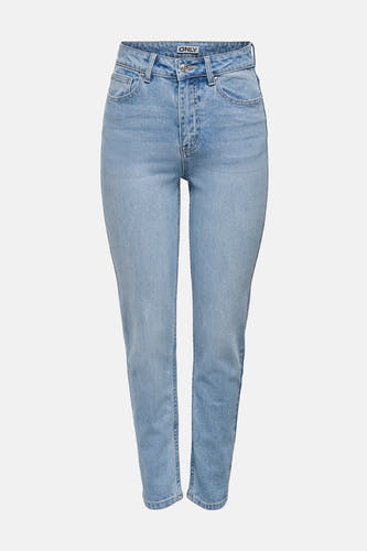 Jean mom bleu clair d'ONLY, avec une texture denim classique et une fermeture à bouton.