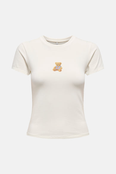 Ecru T-shirt met korte mouwen van ONLY, met teddybeerprint op de borst.
