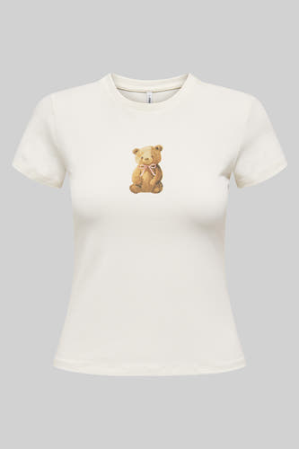 Wit T-shirt met korte mouwen van ONLY, met een print van een teddybeer met een roze strik.