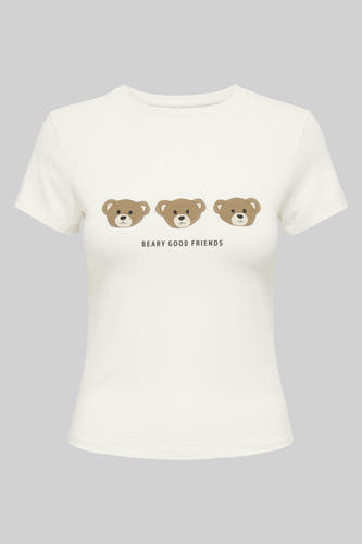 Wit T-shirt met korte mouwen van ONLY, met een print van teddybeergezichten en de tekst "Beary Good Friends".