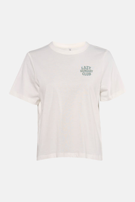 T-shirt blanc à manches courtes ONLY® avec imprimé 'LAZY SUNDAY CLUB' sur la poitrine.
