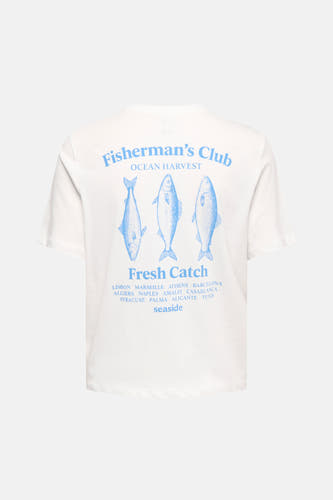 T-shirt blanc à manches courtes ONLY, avec imprimé de poissons bleus et le texte "Fisherman's Club".