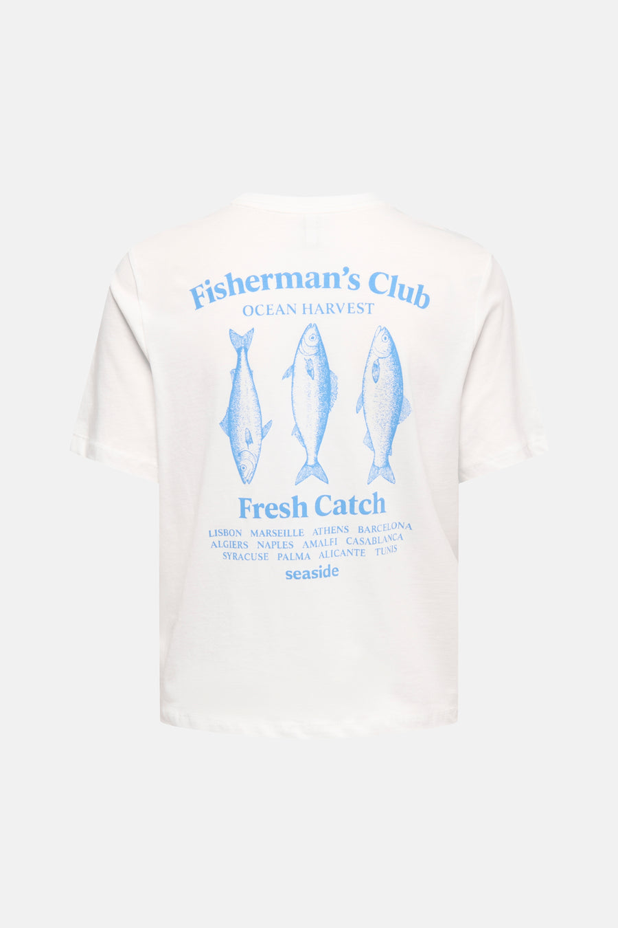 T-shirt blanc à manches courtes ONLY, avec imprimé de poissons bleus et le texte "Fisherman's Club".