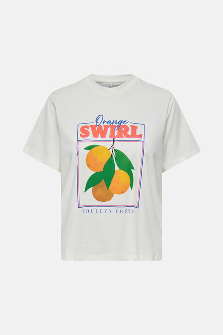 T-shirt blanc à manches courtes d'ONLY, avec un imprimé de oranges et le texte "Squeezy Crush".