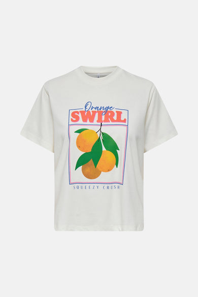 Wit T-shirt met korte mouwen van ONLY, met print van sinaasappels en de tekst "Squeezy Crush".