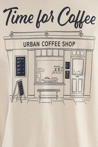 T-shirt écru à manches courtes ONLY, avec un imprimé de café et le texte "Time for Coffee".