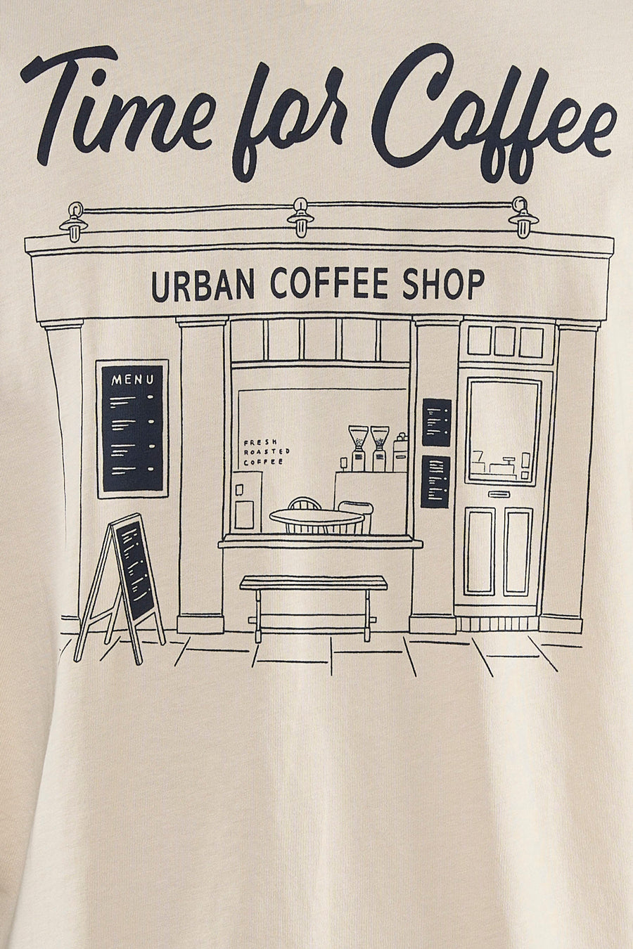 T-shirt écru à manches courtes ONLY, avec un imprimé de café et le texte "Time for Coffee".
